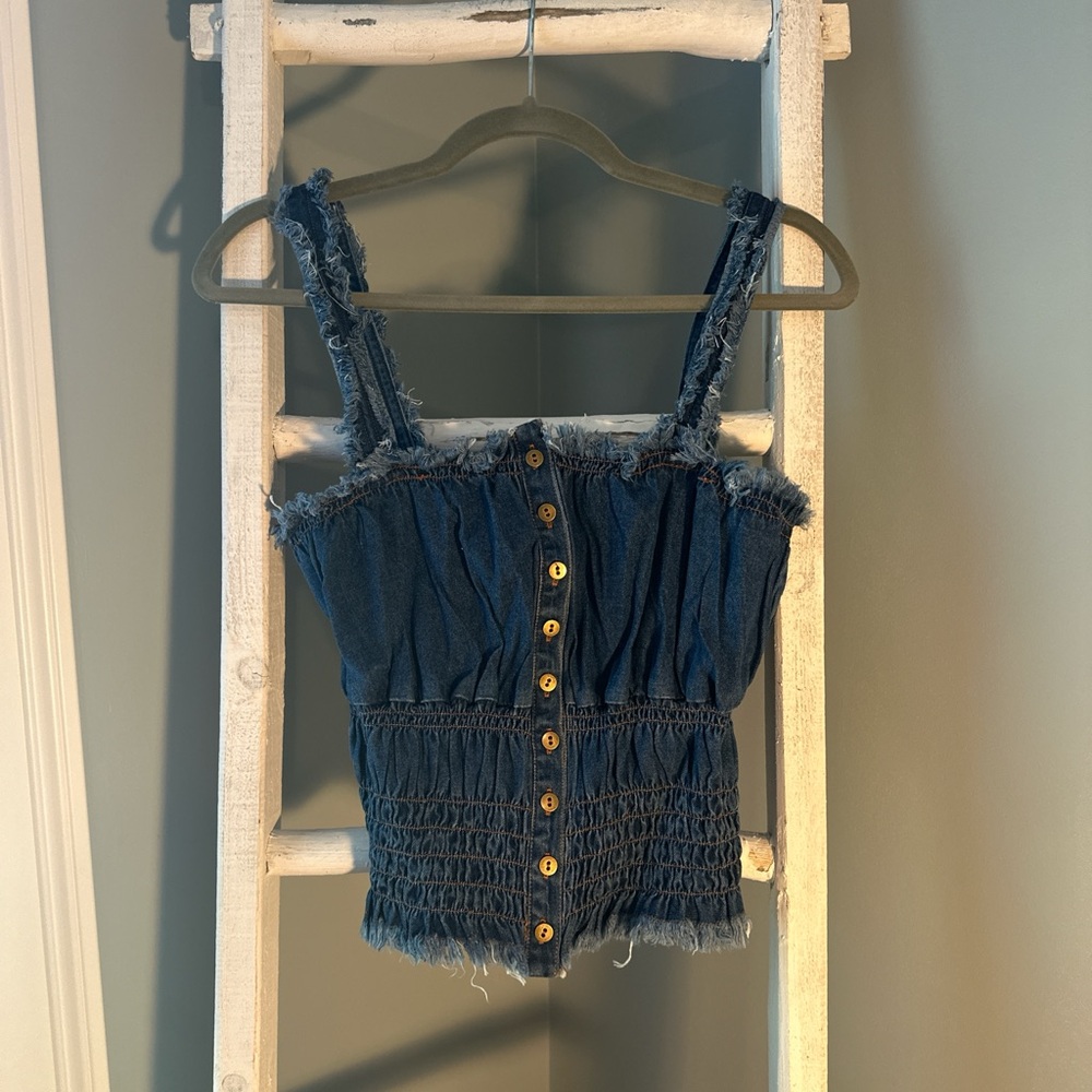 Kori Denim Blue Crop Top with Smocked Details